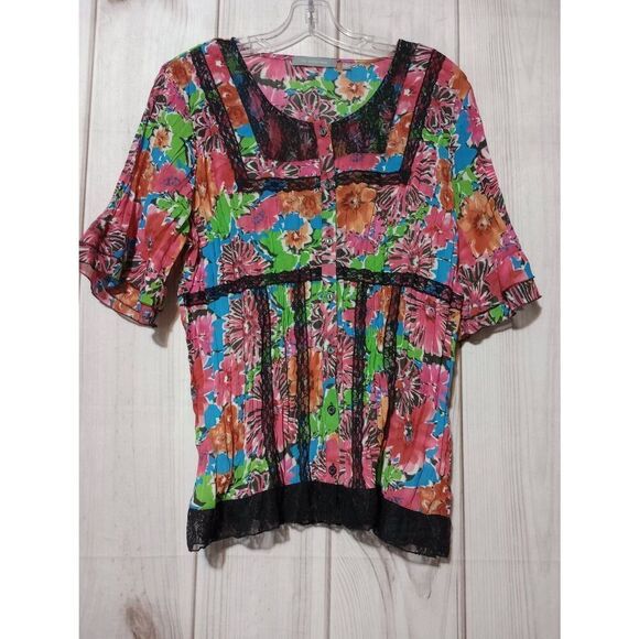 NY Collection Shirt Ladies Extra Large Pink Blue Black Lace Semi Sheer Short Sle - Picture 1 of 9